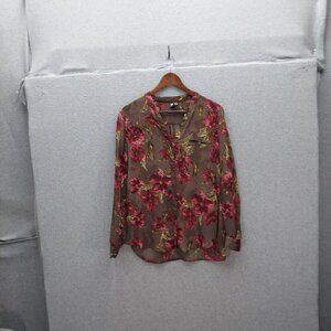 Kut From The Kloth Womens Floral Sheer Button-Up Blouse M Brown/Red Fairycore